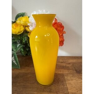 Vintage Hand Blown Cased Glass Vase‎ Bright Yellow White Interior Elegant MCM